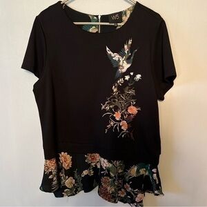 W5 Top Womens Large Black Embroidered Floral Shirttail Hem 1/4 Zip Back Boho.